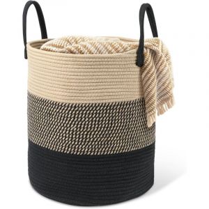 Panier &agrave; linge tress&eacute; en coton 45 l Avec anse Panier &agrave; linge tress&eacute; Panier de rangement pour chambre d'enfant, salle de bain 35 x 40 cm Beige et noir