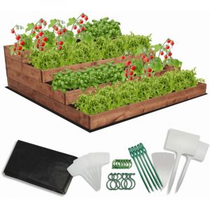 MODO24 Carr&eacute; potager sur&eacute;lev&eacute; en bois, 4 niveaux en cascade, 36x117x120 cm, jardin/terrasse, kit jardinier inclus, brun impr&eacute;gn&eacute;