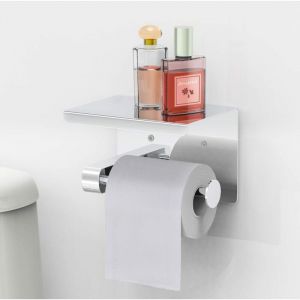 Jusch - Porte Papier Toilette, Support Papier Rouleau sans Percage Derouleur Papier WC,Distributeur Papier avec Tablette, Acier Inox sus 304, Colle