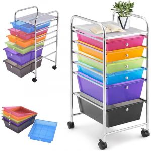 Chariot de Rangement avec 6 tiroirs en pp et Cadre Métal, Rayonnage de Rangement à 4 roulettes avec 2 Freins pour Bureau, Salon (6 étagères avec 6
