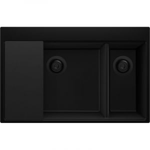 PRIMAGRAN Evier Cuisine en Granit 78x50cm,Lavabo 2 bacs + Kit de Vidage + Planche &agrave; D&eacute;couper, &Eacute;vier &agrave; Encastrer au meuble 80cm - Oslo Duo, Tout Noir