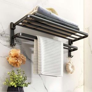 Porte Serviette Salle de Bain Pliable &agrave; 90&deg;, Porte Serviettes Murale, Barre Porte-Serviettes, Range Serviette &agrave; 2 Niveaux avec Etagere, Noir 38cm