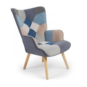 Paris Prix - Fauteuil Scandinave en Velours 'Patchwork' Gris & Bleu