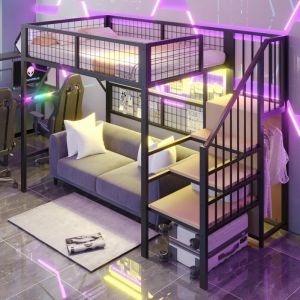 Lit mezzanine 90x200 cm, lit en fer forg&eacute;, avec bande lumineuse LED orientable, escalier avec rangement, armoire ouverte, lit superpos&eacute; en m&eacute;tal, lit