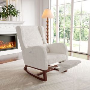 Nmonet - Fauteuil à bascule avec repose-pieds rétractable, tissu sherpa, pieds en bois massif, poches de rangement, fauteuil relaxant, rocking chair