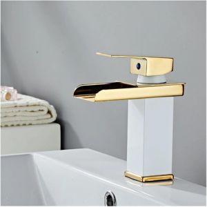 Robinet de salle de bain &agrave; cascade &agrave; large rebord en or blanc, profil bas, avec tuyau d'arriv&eacute;e de 60 cm Mitigeur de lavabo &agrave; bec large de style