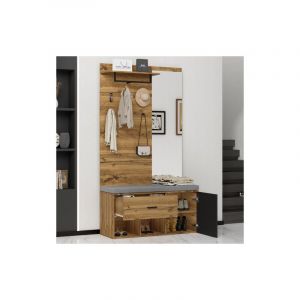 Wishdor - Vestiaire d'entrée 190 cm, banc à chaussures avec coussins gris, miroir, tiroirs, étagères, crochets, noir et chêne