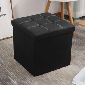 Pouf de Rangement Pouf en Simili Cuir Pliable Repose-Pieds carr&eacute;s Tabourets Table Basse Cube Repose-Pieds si&egrave;ge 38x38x38 cm (Noir) - RWPouf
