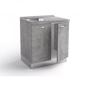 Base sous l'évier de cuisine 80x60x84 cm en bois gris ciment avec évier en acier inoxydable et deux portes - Massa