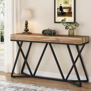 Tribesigns - Table Console de 140cm, Table d'entrée en Bois avec Base en métal Unique, Table Basse, Table de Foyer, Table d'accentuation Industrielle