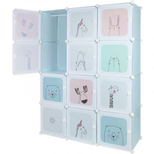 Yongqing - Armoire Chambre d'enfant modulable Motifs ludiques Plastique Étagère de Rangement pour la Maison 12 Cubes Armoire diy Portes bleu