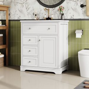 Tanant - Meuble avec vasque simple, 3 tiroirs et 2 portes de rangement, vasque intégrée en céramique, 76 x 46 x 87 cm, meuble de salle de bain sur