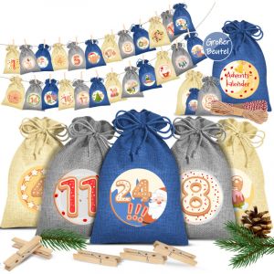 Calendrier de l'Avent &agrave; remplir 24 sacs en jute Imprim&eacute; Sacs en tissu Calendrier de No&euml;l pour enfants &agrave; remplir soi-m&ecirc;me Incl. 24x &eacute;tiquettes 16x12cm