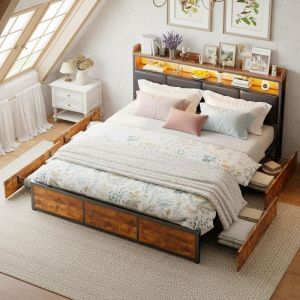 Lit avec tiroirs 180x200cm - avec 4 tiroirs, tête de lit avec éclairage LED, sommier en métal, lit adulte style industriel, simili cuir - Noir