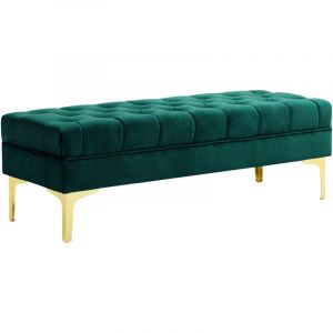 Banc banquette capitonn&eacute;e bout de lit style classique chic dim. 118L x 45l x 42H cm pi&egrave;tement m&eacute;tal dor&eacute; velours vert