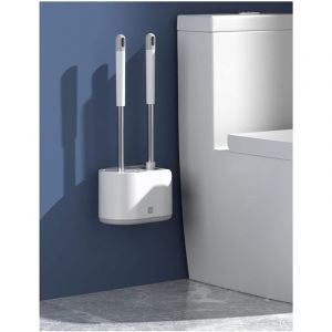 Brosse WC multifonction double, brosse WC murale &agrave; long manche et ventouse, silicone ventil&eacute; &agrave; s&eacute;chage rapide (gris, fixation murale)