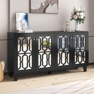 Wishdor - Buffet noir miroir, buffet salon, buffet salle à manger avec 4 portes, poignées en cristal froid, stratifié amovible