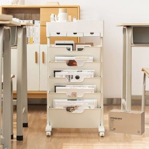 5 Niveaux Biblioth&egrave;que mobile avec roue, grande capacit&eacute;, porte-revues, chariot de rangement amovible, &eacute;tag&egrave;re pour enfants, chariot roulant
