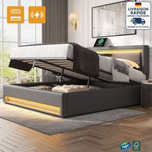 Lit coffre 140x190cm, tissu simili cuir, lit double pour adultes, usb, led, sans matelas, gris