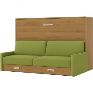 Les Tendances - Lit escamotable horizontal avec canap&eacute; Vetal 120x190-Canap&eacute; Vert pistache-Structure et Fa&ccedil;ade Ch&ecirc;ne clair