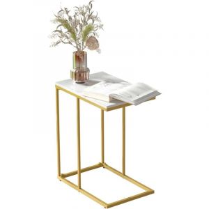 Unho - Table d'Appoint Marbre Blanche, Bout de Canapé de Salon Métal Design Guéridon Style Moderne Table de Chevet Rangement pour Salon Bureau