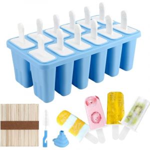 Moule à glace en silicone, 12 cavités, réutilisable, sans BPA, pour enfants, avec bâtonnet en bois et couvercle, bleu clair