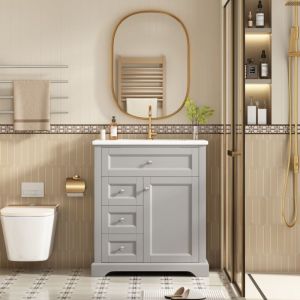 Meuble sous vasque simple avec plan laqu&eacute; anti-humidit&eacute;-fermeture douce-porte &eacute;tag&egrave;re-&eacute;tag&egrave;re r&eacute;glable-Sans Robinets-gris 76x46x87(cm)