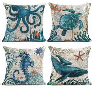 18 x 18 pouces Lot de 4 housses de coussin sur le th&egrave;me de l'oc&eacute;an bleu nautique ctier pieuvre hippocampe tortue baleine style m&eacute;diterran&eacute;en taies