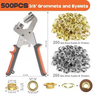 500 Pièces (Ø intérieur 10 mm) œillets en Métal,Ensemble Professionnel de Perforateur d'œillets pour Cuir Tissu Bâche Rideau PVC