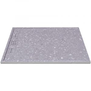 Vente-unique - Receveur extra-plat &agrave; poser ou &agrave; encastrer d&eacute;coupable en r&eacute;sine smc - Effet Terrazzo gris - 120 x 90 cm - lyrosa