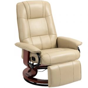 Fauteuil relax convertible lit, pivotant 360° - Bois naturel et simili-cuir crème - Salon design