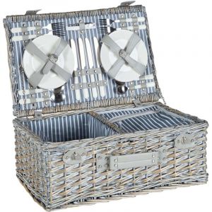 Panier de Pique-Nique en Osier pour 4 Personnes avec Sac Isotherme Verres &agrave; Vin Gris Figue