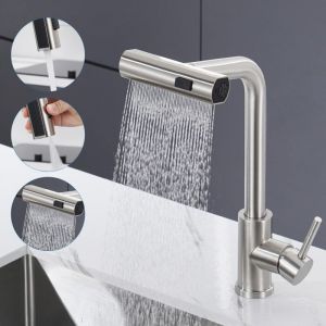 Robinet Cuisine Noir Cascade, Mitigeur Cuisine avec Douchette Extractible 3 Modes de R&eacute;glage, Robinetterie Evier Cuisine Escamotable Rotatif &agrave; 360&deg;