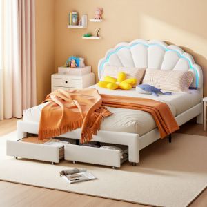 lit enfant 140 x 200cm, lit double fille, lit capitonn&eacute;e avec tiroirs et LED, T&ecirc;te de lit en forme de fleur, Sommier &agrave; lattes, velours, blanc