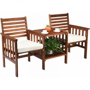 Costway - Salon de Jardin en en Bois d'Acacia Certifié fsc, Charge 160KG, Banc de Jardin 2 Places et Table Extérieur avec Trou de Parasol de 5CM
