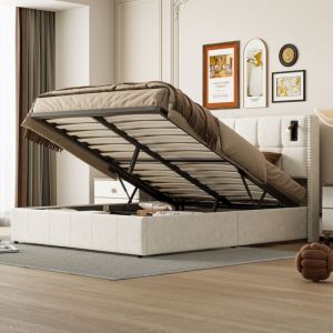 Lit coffre double 160x200cm, flanelle, tête de lit capitonnée avec 2 prises USB/1TYPE c et liseuse, sommier à lattes, rangements, lit adulte - Beige