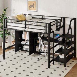 Redom &ndash; Lit mezzanine 140x200 cm en m&eacute;tal et MDF &ndash; Hauteur 160 cm &ndash; Bureau int&eacute;gr&eacute; et &eacute;tag&egrave;res &ndash; Capacit&eacute; 150 kg &ndash; Noir