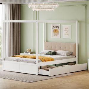 Lit adulte 140x200 cm, lit enfant, lit à baldaquin, lit double avec tiroir, dossier moelleux, lit en bois, blanc, sans matelas