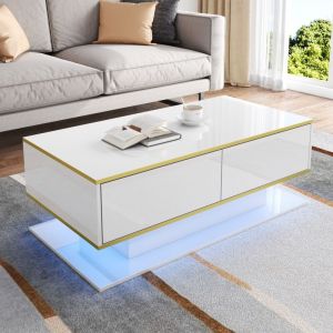 Table basse moderne LED avec finition laqu&eacute;e, 100 cm, d&eacute;coration dor&eacute;e, 3 tiroirs de rangement et bande LED - Blanc