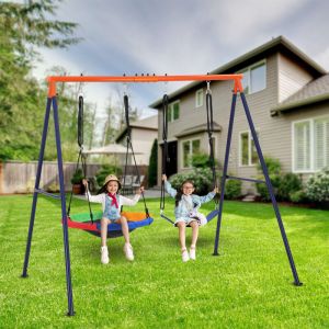 Set de Balan&ccedil;oire Exterieur avec Portique et 2 Balancoires, Balan&ccedil;oire 2 Places Portique Inclus pour Adulte et Enfant Charge 300KG