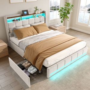 Lit 140x200cm avec tiroirs, avec tête de lit éclairée led, 4 tiroirs et 2 ports de recharge usb, sommier à lattes, lit adulte scandinave, lin, Beige