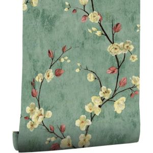 Papier Peint Auto-adhésif Fleuri Feuilles 53cmX300cm Vintage Autocollant Amovible PVC Vinyle Film Imperméable Meuble Decoratif Salon Salle de Bain
