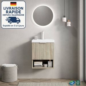 Meuble simple vasque - Fix&eacute; au mur - 42CM - Vasque rectangulaire en c&eacute;ramique blanche - Meuble &agrave; double porte ray&eacute; - Grain de bois ch&ecirc;ne cr&egrave;me