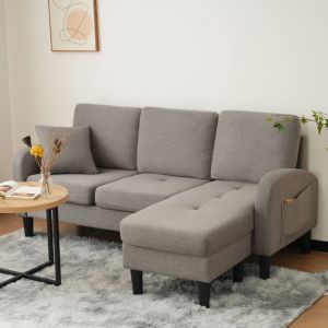 Wishdor - Canapé d'angle, canapé 3 places, tissu en coton et lin, pieds en plastique, pour salon, appartement et bureau, gris foncé