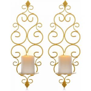 Lot de 2 Bougeoirs Photophore Chandelier Porte Bougie Mural Murale Muraux en M&eacute;tal, Bougeoir pour Mur Chambre Salle de Bains Salon Decoration, Or Fei