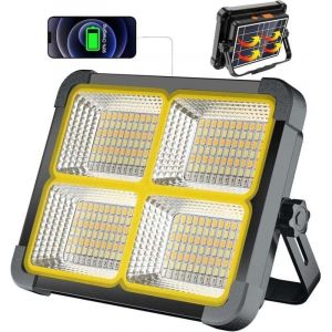 Projecteur LED Rechargeable 100W, Projecteur Chantier Rechargeable 12000mAh/ Panneau Solaire/ 4 Modes d'&eacute;clairage, Projecteur sur Batterie