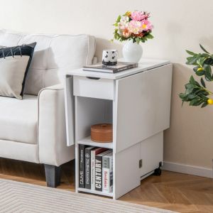 Table d'Appoint Pliante 2 Roulettes Console Abattants Petits Espaces Blanc CW82691