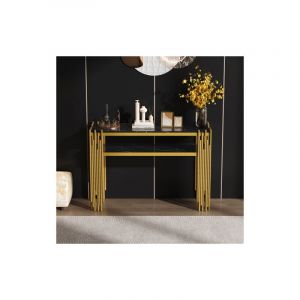 Table d'appoint de salon, console noir avec pieds dorés, 128x44x80 cm