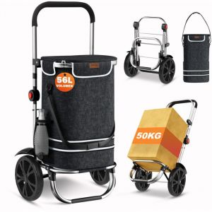 Magicfox - Chariot de Courses à Roulettes 56 l - 2 en 1 Diable Caddie à 2 Roues avec Cadre en Alliage d'Aluminium et Sac Imperméable Amovible - Noir