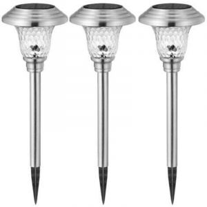 Lot de 3 bornes solaire en acier inoxydable, &eacute;clairage paysager Lanternes solaires d&eacute;coratives pour ext&eacute;rieur, terrasse, jardin, lumi&egrave;re blanche